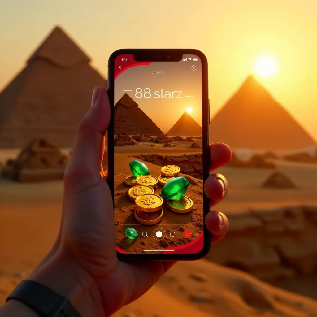 A hand holding a high-end smartphone displaying 888starz app, background featuring the Great Pyramids of Giza during a golden sunset, official red and white brand colors, 3D golden coins and emerald gems flying out of the screen, cinematic lighting, 8k.